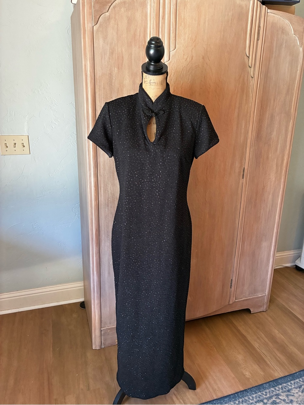 Vintage 90’s Y2K Black glitter Maxi Dress Mandarin Collar Keyhole Asian goth 12